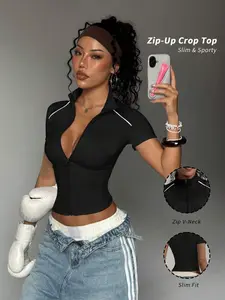 Women's Half-Zip V-Neck Short Sleeve Top, Slim Fit Sports T-Shirt, High Stretch Breathable Waist Show, Casual Gym Wear