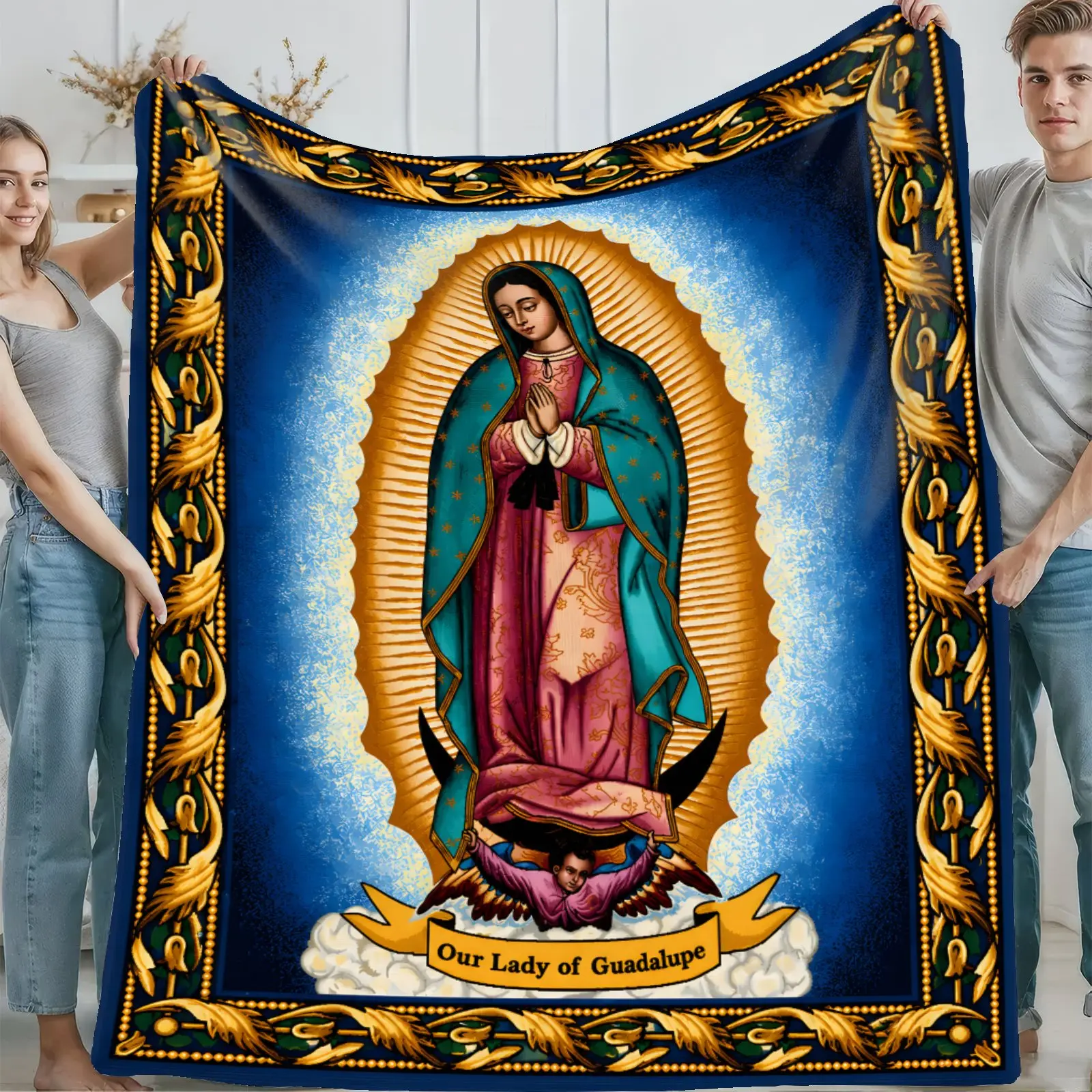 Our Lady of Guadalupe Virgin Mary Flower Design Blanket Christian Religion Prayer Throw Blanket Floral Home Decor Sofa Bed Office Travel Camping Gift for Men Women Family TikTok Trending Faith Blanket Aesthetic Room Decor Multi Size Blanket