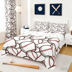 Baseball Bed Sheet Set,3D Baseball Boys Young Man Ball Sports Game,Bedding Decor Set with 1 Flat & 1 Fitted Sheet
