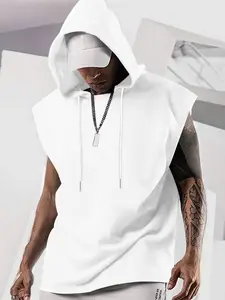 Men's Hooded Drawstring Vest Tee, Plain, Soft Breathable Fabric, Comfortable Fit, Perfect for Streetwear and Sports, All-Day Comfort
