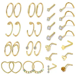 OIDEA Nose Ring Hoop Stud Set 20G 316L Surgical Steel Cubic Zirconia Rhinestone Diamond L-Shape Body Piercing Jewelry 30PCS Gold