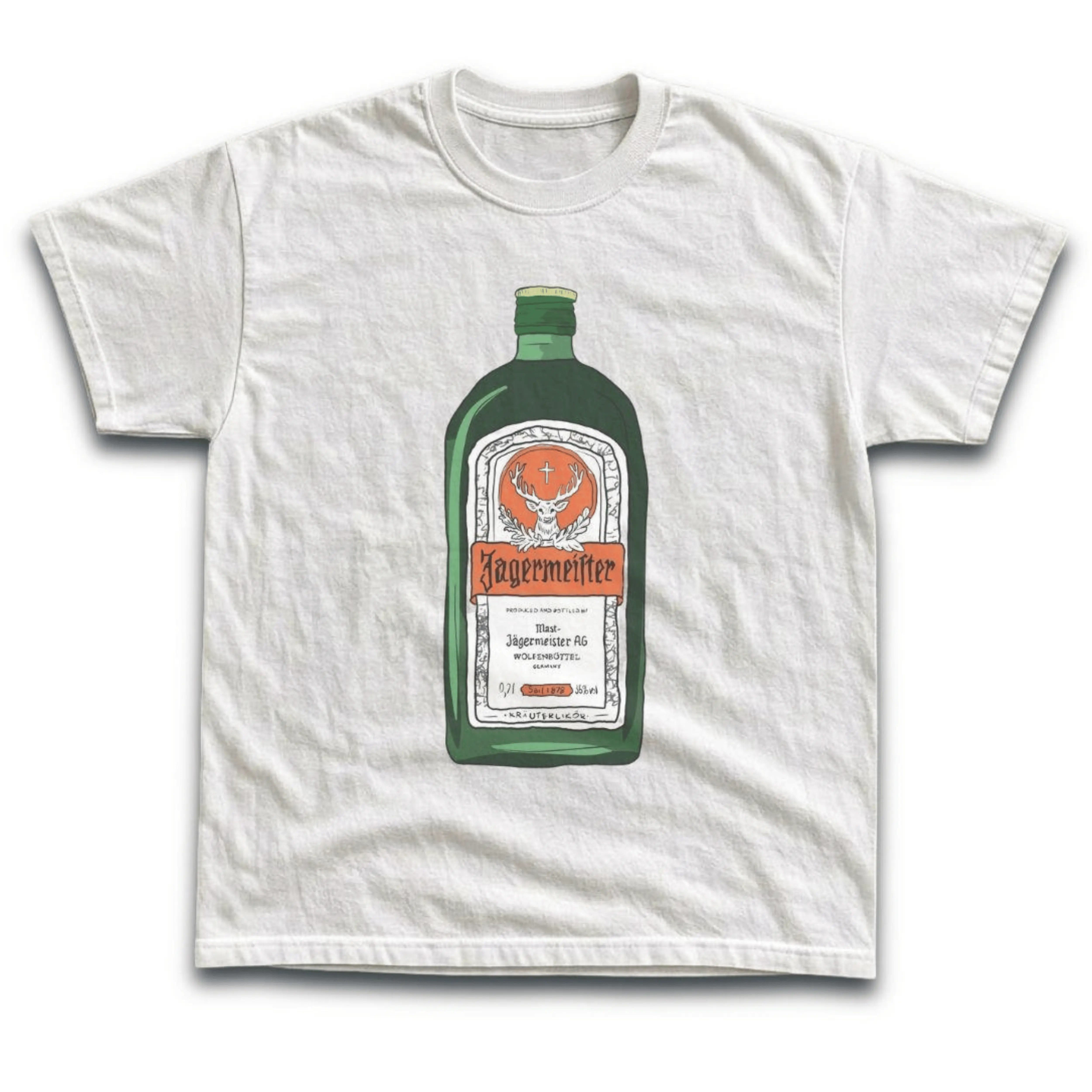 Gildan Men's and Women's T-Shirt, Vintage Jagermeister Liquor Bottle Graphic Tee, German Herbal Liqueur Shirt, Retro White Summer Top, Classic Green Glass Deer Crest Streetwear, Cool Alcohol Drinking Party Bar Apparel, Unique Bartender Friend Gift
