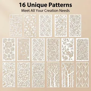 16-Piece Grid Geometric Texture Templates Reusable Washable Drawing Tools Art Supplies for DIY Furniture Canvas Tiles Walls Floors Glass Windows Decor