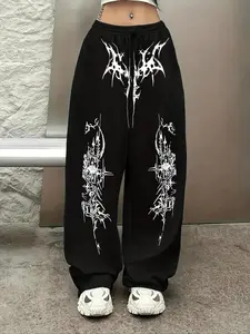 Gothic Style Printed Straight-Leg Sweatpants, Loose Fit, Unisex, Casual Street Wear, Comfortable Sports Pants, All Season, Casual Sporty Trousers