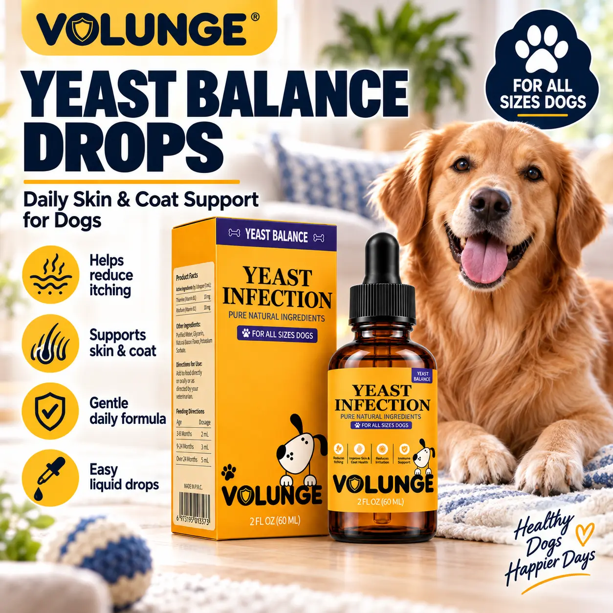Dog Daily Wellness Drops, Skin & Coat Support Supplement with Brewer's Yeast, Fish Oil & Vitamin B Complex, Easy Liquid Drops for Dogs, 60mL