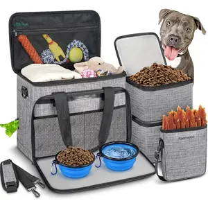 6 Set Large Dog Travel Bag Pet Travel Kit for Supplies Includes 2 Food Containers, 1 Pet Organizer, 2 Collapsible Bowls, 1 Treat Pouch, Dog Weekend Overnight Luggage