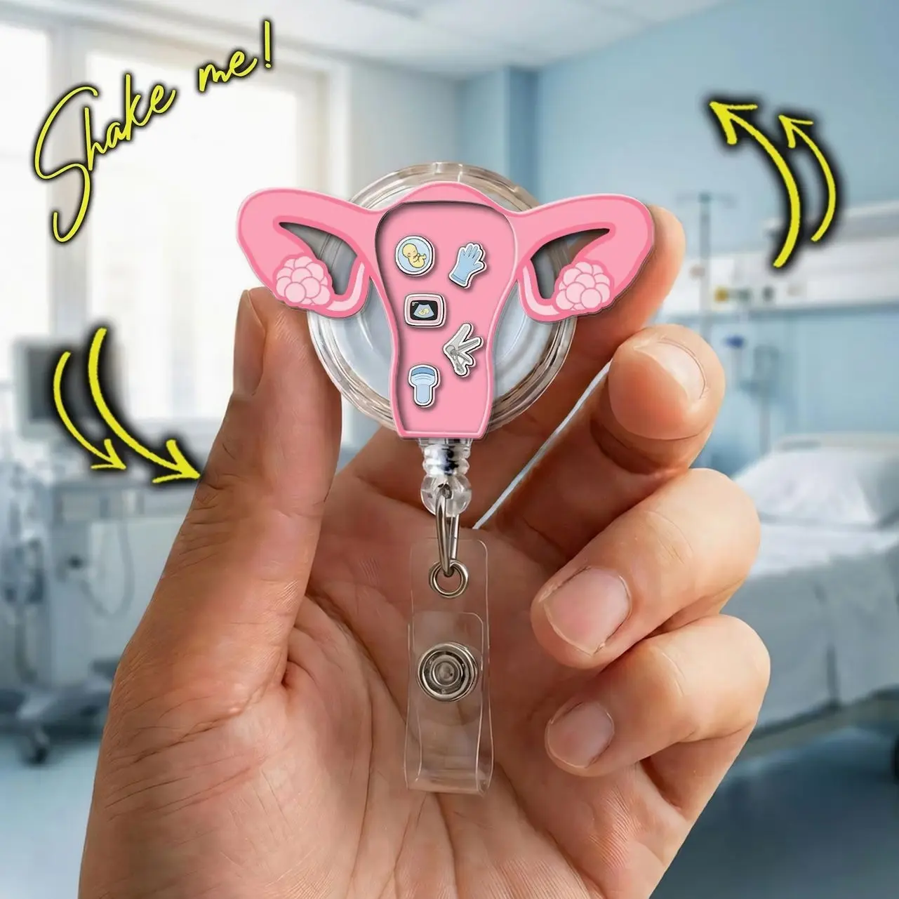OBGYN Nurse Shaker Badge Reel, Labor & Delivery Retractable ID Holder, OB Nurse Gynecologist Gift 6JI