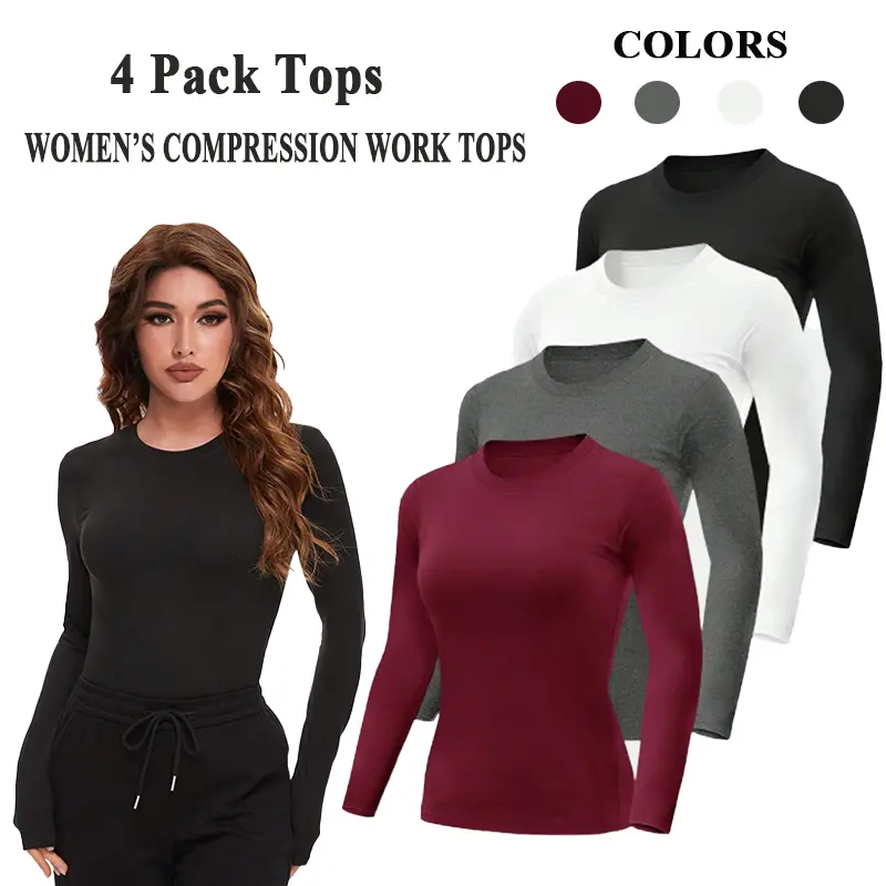 Women's 4 Pack Long Sleeve Compression Tee, Athletic Style Slim-Fit Shirts with Crew Neck for Easy Layering, Gym & Everyday Activewear, Gym Workout Apparel, Long Sleeve Shirt