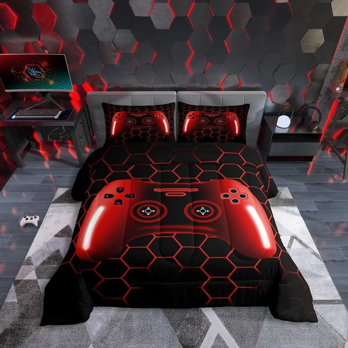 Feelyou Boys' Polyester Gaming Themed Duvets & Sets - Red & Black Honeycomb Print U Stitching Printed Bedding Set, Soft Washable Travel-Friendly Bedding for Bedroom, King/Queen Multi-Size Decor Supplies