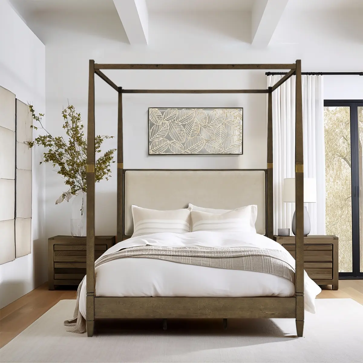 Madison Park MP115-1240 Queen Size Brown Baylor Canopy Bed (86.75x63.25x80 in.) - Cushioned Headboard, Frame Material, Freestanding Frame Bed Type, Canopy Bed Beds, Cushioned Headboard Beds
