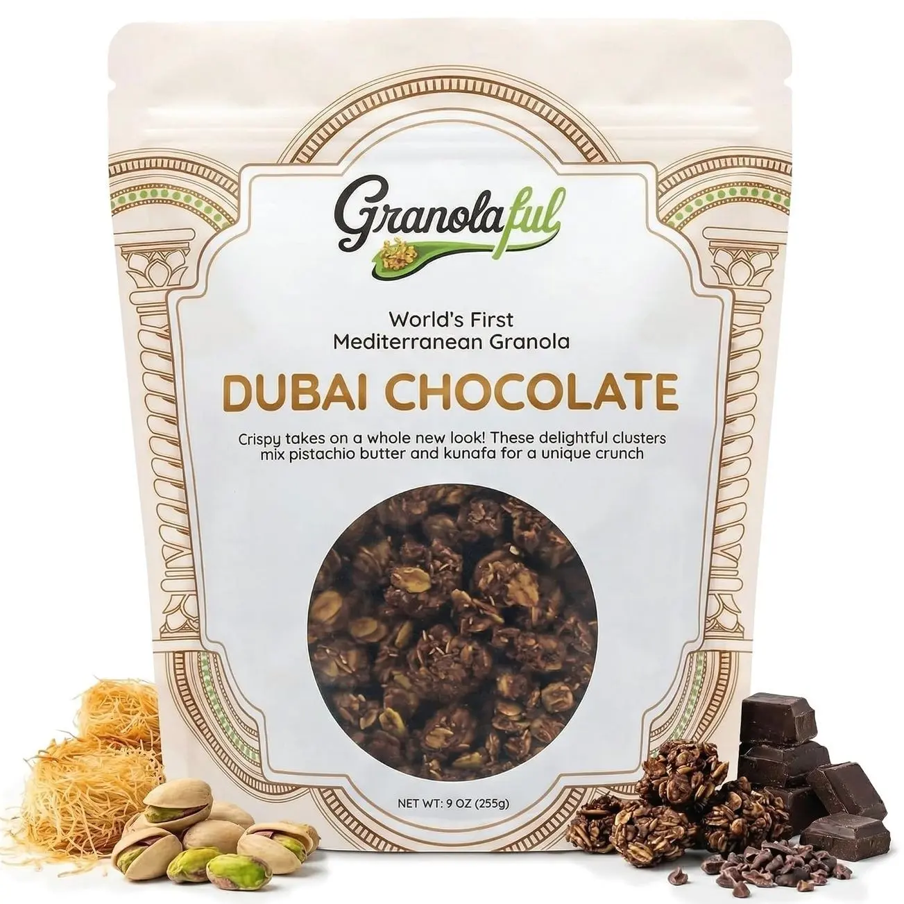 Granolaful Dubai Chocolate Granola Cereal — 100% Pistachio Butter, Kataifi, Cacao, Protein, Fiber for Healthy Snacks | 7 Ingredients with No Seed Oils, No Natural Flavors | 9oz Bag (1-Pack)