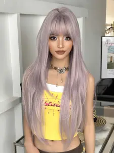 30 inch Purple Long Layered Straight Synthetic Hair Wig, Silk Synthetic Fiber Daily Office Wear, Sakura Celebration Glam & Party Street Fashion Photography Accessory Gift