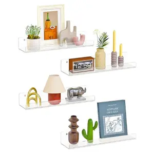 4 Pack Floating Shelves for Wall 15” Clear Acrylic Wall Shelf, Invisible Book Shelves, Wall Display Organizer, Home Decor Gift for Bedroom, Bathroom, Kitchen
