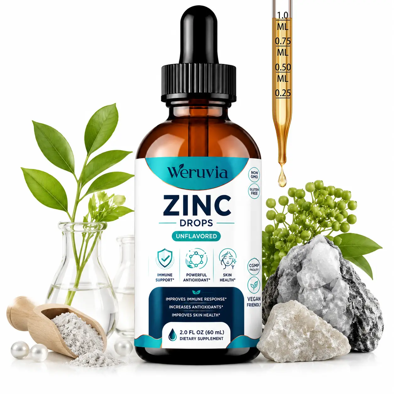 Zinc Drops Liquid Supplement, Unflavored Zinc Formula for Immune Support, Antioxidant & Skin Health Support, Vegan Friendly, Non-GMO & Gluten Free, Daily Mineral Supplement, 2 fl oz (60 mL)