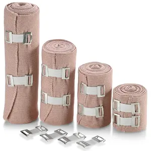 Elastic Compression Bandage Wrap - Premium Quality (Set of 4) w/Hooks, Athletic Sport Support Tape Rolls for Ankle, Wrist, Arm, Leg Sprains First Aid Bandages Measure