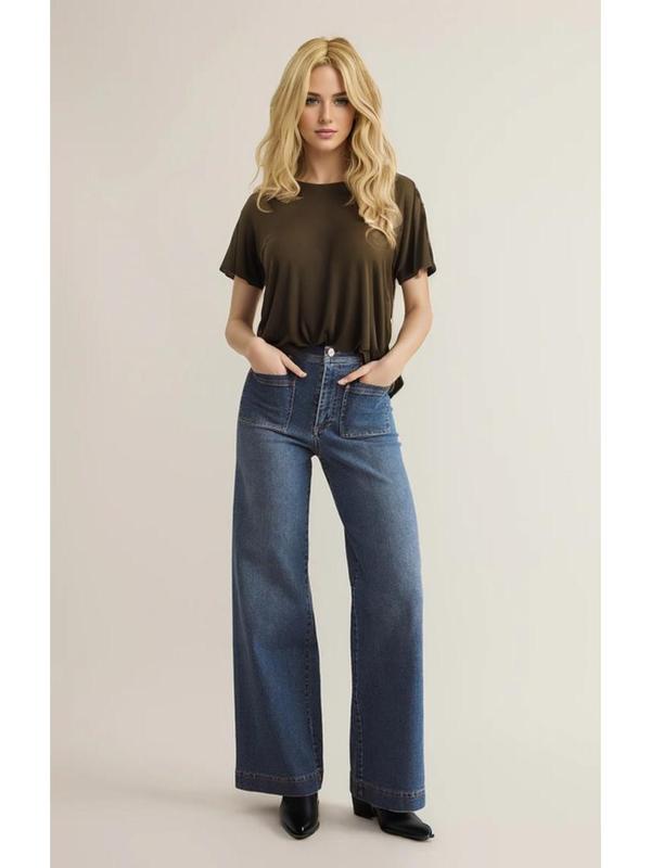 ALVON Women's Stretch Denim Pants Recycled High Waist Wide Leg Jeans Classic Streetwear Comfort Baggy Trouser Maxi Pocket Fitted