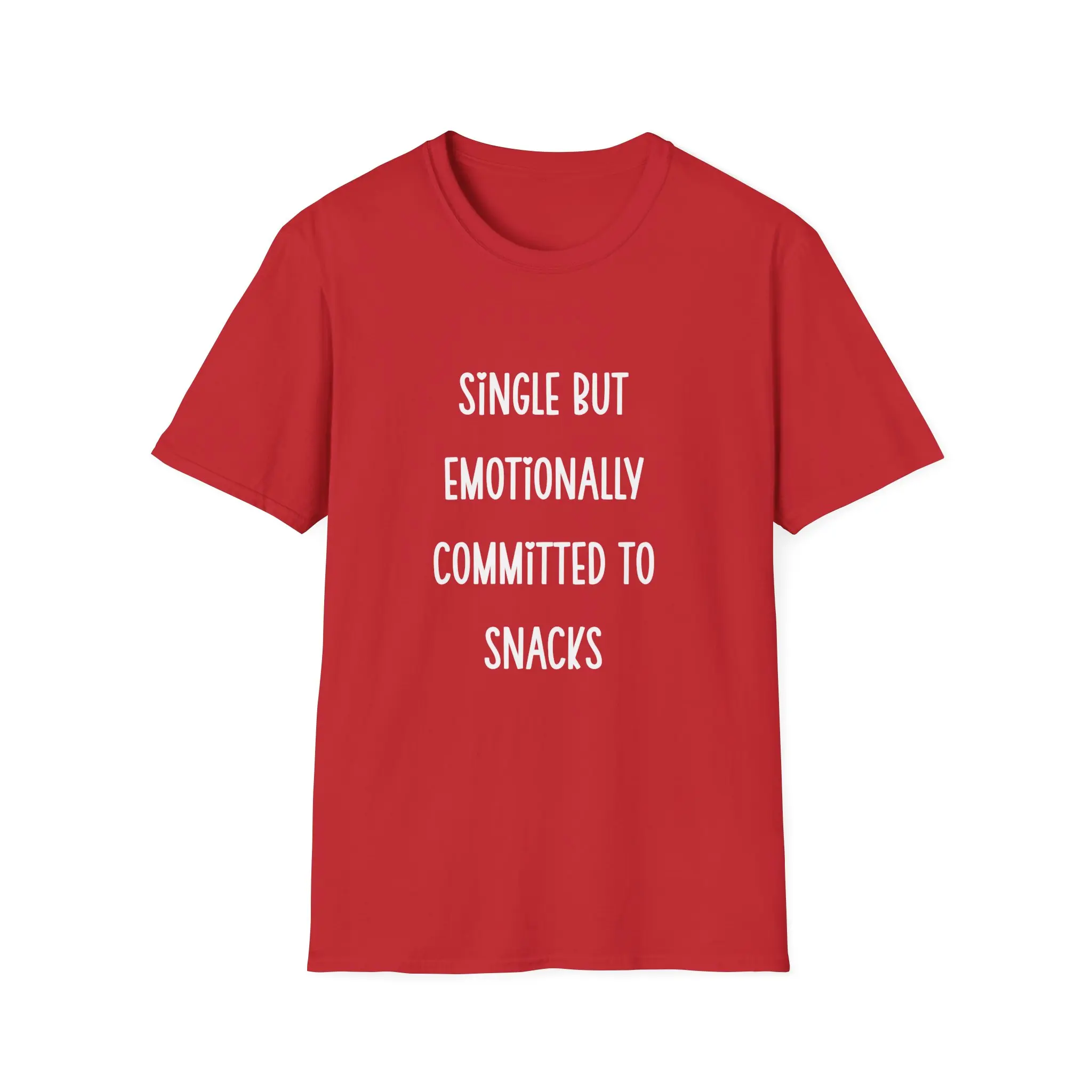 Women's Casual Crew Neck T-Shirt - Womenswear Top, Anti-Valentine "Single but Emotionally Committed to Snacks" Graphic Tee