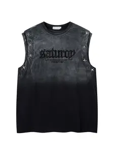 Men Women Summer Fashion Casual Sleeveless Top Stylish Round Neck Tank Tops, Vintage Washed Tie-Dye Gradient Color Letter Embroidery Star Metal Buckle Design