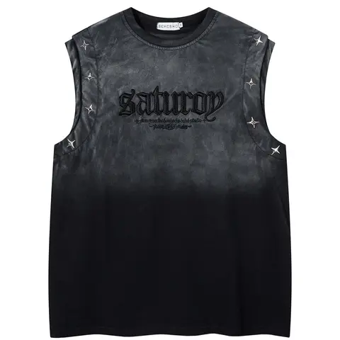 Men Women Summer Fashion Casual Sleeveless Top, Vintage Washed Tie-Dye Gradient Color Graphic Letter Embroidery Star Metal Buckle Design, Washed Sleeveless Vest