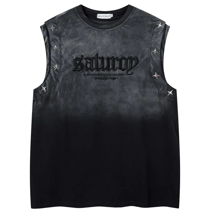 Men Women Summer Fashion Casual Sleeveless Top, Vintage Washed Tie-Dye Gradient Color Graphic Letter Embroidery Star Metal Buckle Design, Washed Sleeveless Vest