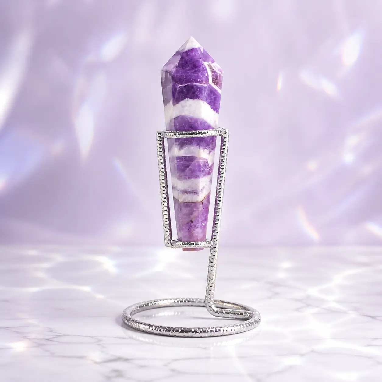 Premium Dream Amethyst (Chevron) Crystal Wand with Display Stand - 1 Pc