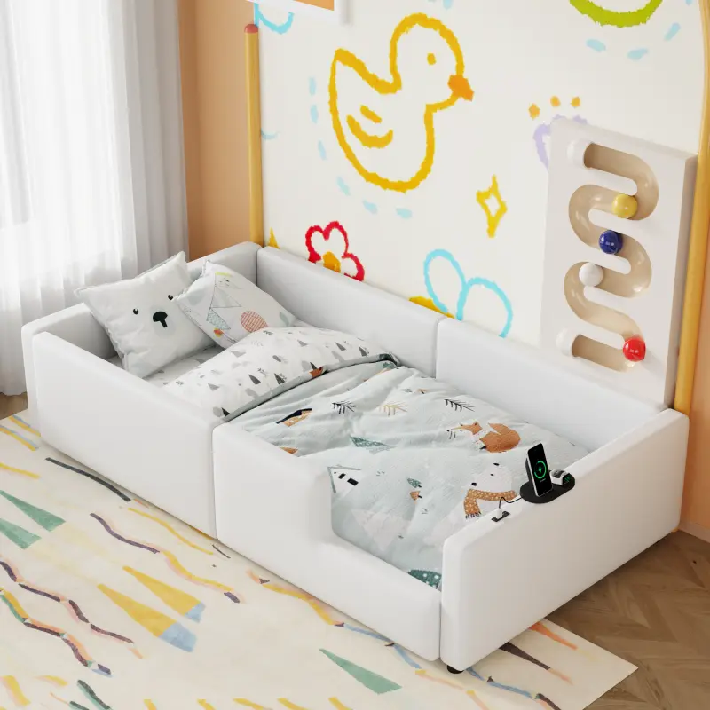 Twin Size Upholstered Floor Bed, Platform Bed Wood Frame with Guardrail and Charging Station, PU Leather, White