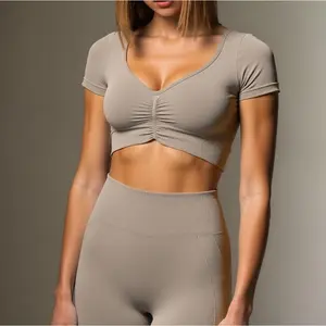 Women's Solid V Neck Crop Sports Tee, Sporty Seamless Short Sleeve T-Shirt with Removable Chest Pad, Ladies Sportswear for Indoor Outdoor Wear, Athletic Yoga Tops