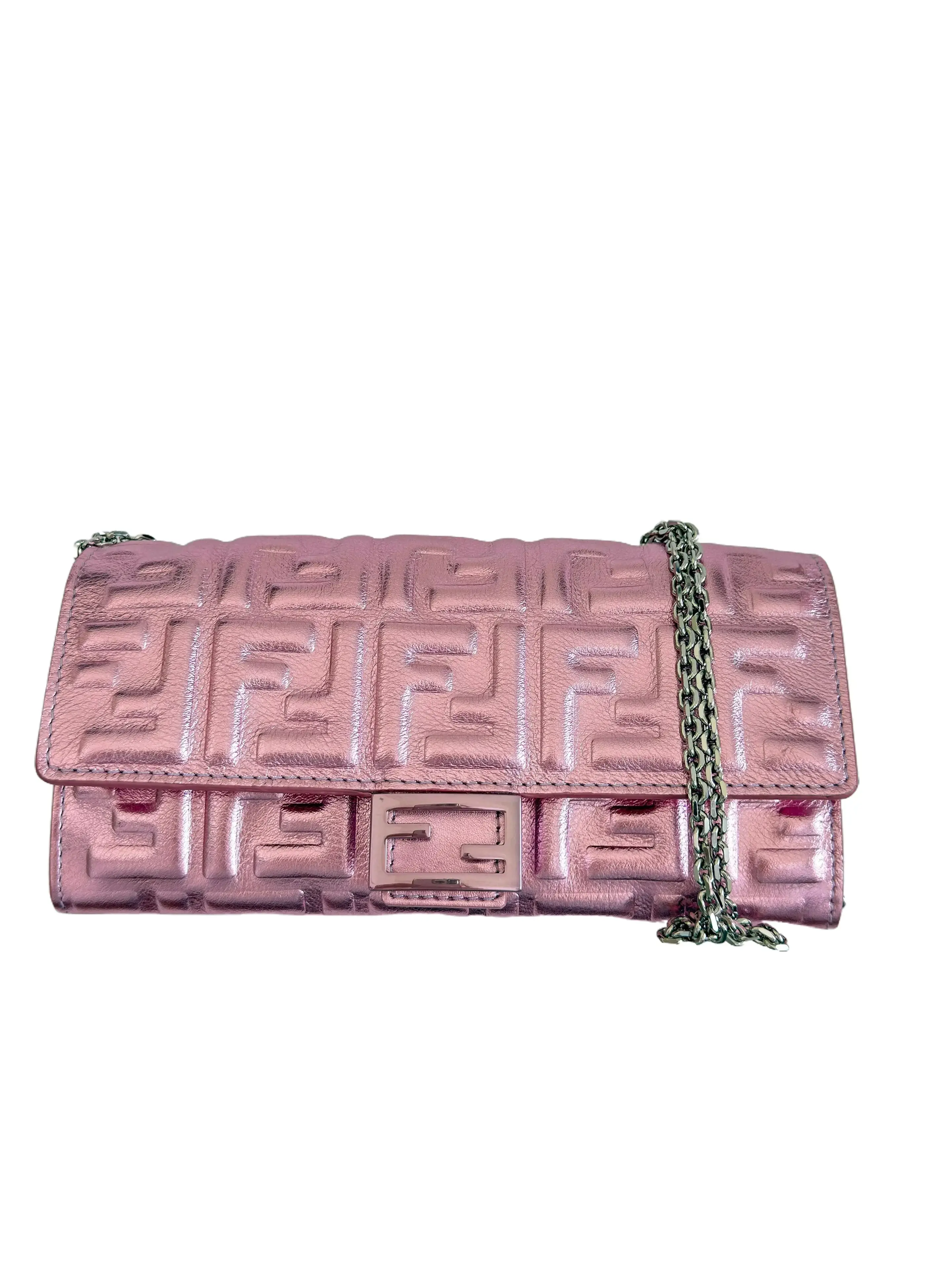 Pre-owned FENDI Lambskin Leather Wallet On Chain Vitello Catalan Mirror FF Embossed