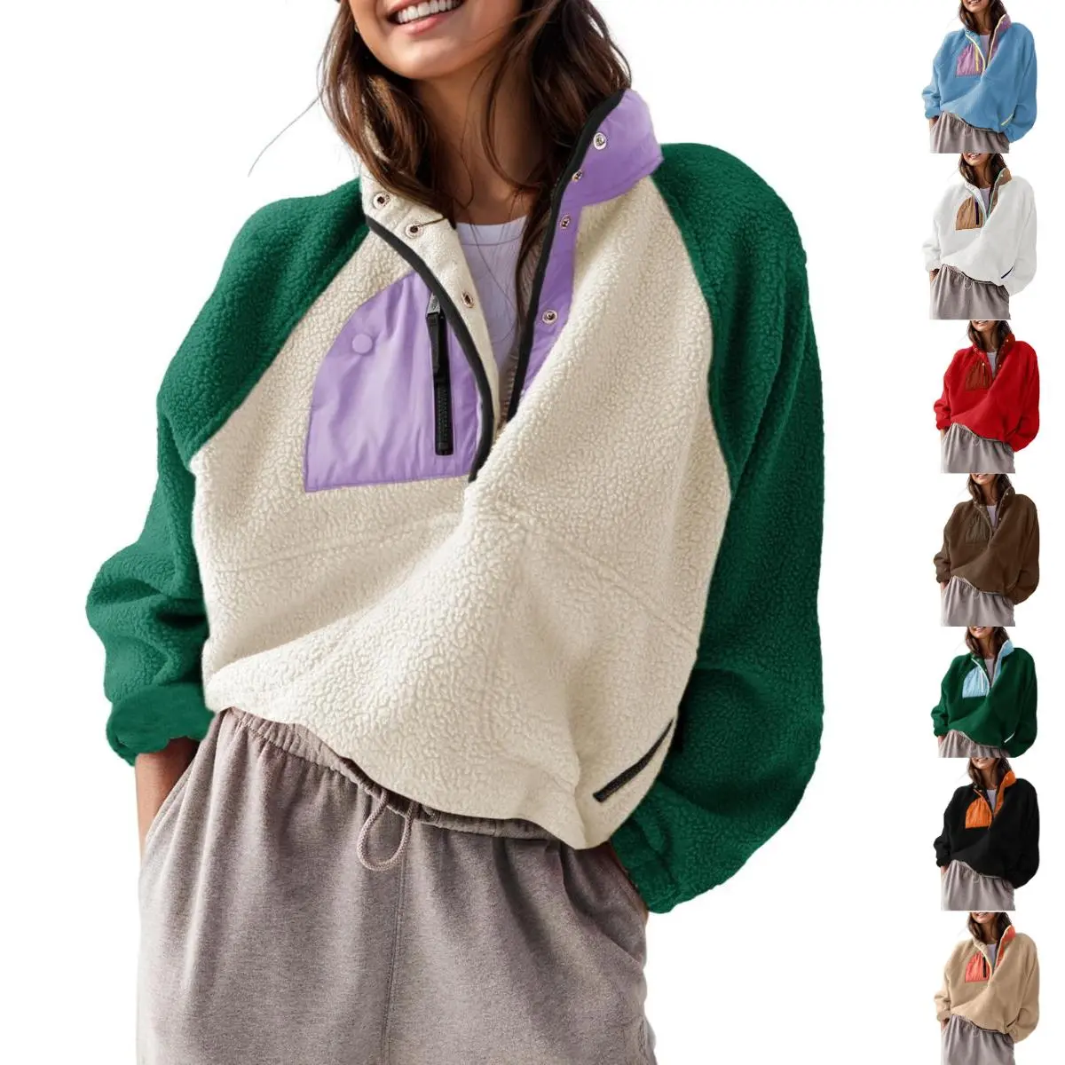 Jovenpara Women's Color Block Fleece Pullover, Casual Long Sleeve Sherpa Outerwear Jacket with Half-Snap Collar and Pockets, Lady, Chic Outfit, Cropped, Button, Zipper, Coats, Colorblock