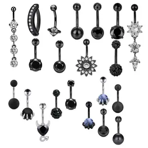 5Pcs Black Series  Belly Button Rings for Women Stainless Steel Belly Ring Little Devil Dragon Claw Planet Dangling Piercing Jewelry