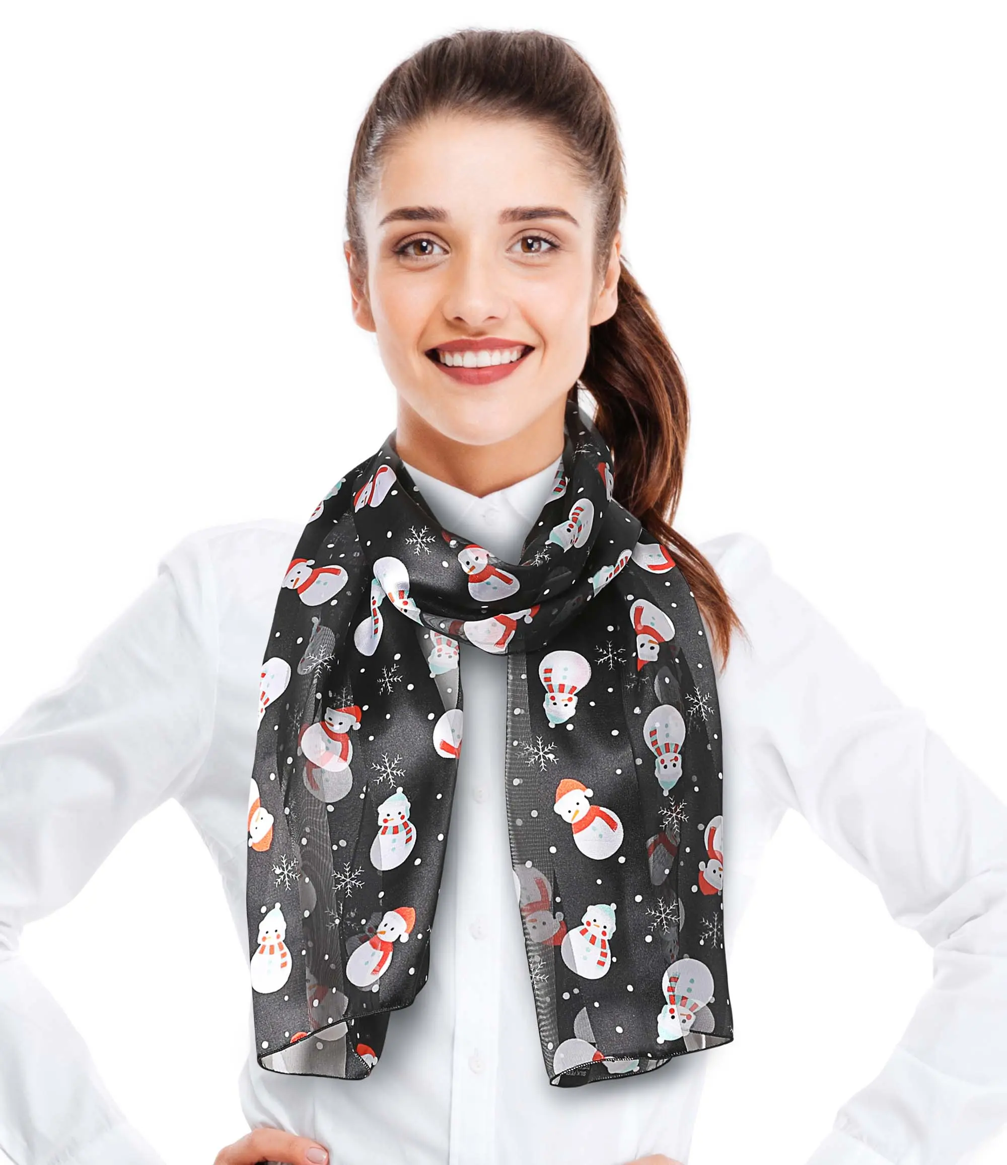 CBC Crown Women's Elegant Snowman Print Scarf, Lightweight Silk-Feeling Polyester Christmas Casual Accessory, 13"x60", Hand Wash, Basic, 13" X 60", Female