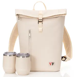 Two Bottle Rolltop Backpack - Stylish PU Leather Tote Bag with Matching Steel Tumbler Cups - Includes Drinkware for Travel & Picnics