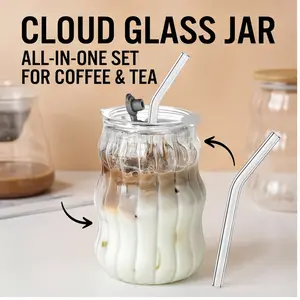 500ml Wavy Cloud Glass Cup With Lid And Straw Leak Proof Borosilicate Glass Tumbler Reusable Iced Coffee Milk Tea Juice Water Cup Portable For Home Office Outdoor Travel Picnic Daily Use