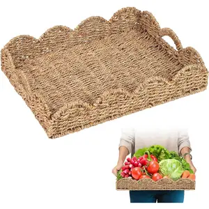 Scalloped Seagrass Tray, Hand-Woven Wicker Storage Baskets with Scalloped Edge and Handles (17x13x3in) Rectangular Handwoven Trays, Seagrass Basket for with Built-in Handles (Dark Brown)