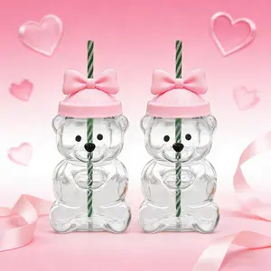 2026 Holiday Bear Glass Cup with Straw, 20oz Cute Clear Bear Tumbler with Green Beanie Lid, Festive Valentine's Day Drinkware for Coffee, Tea & Iced Drinks, Aesthetic Birthday Gift Cup