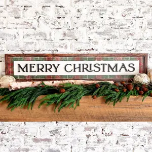Merry Christmas Plaid Background Wood Sign