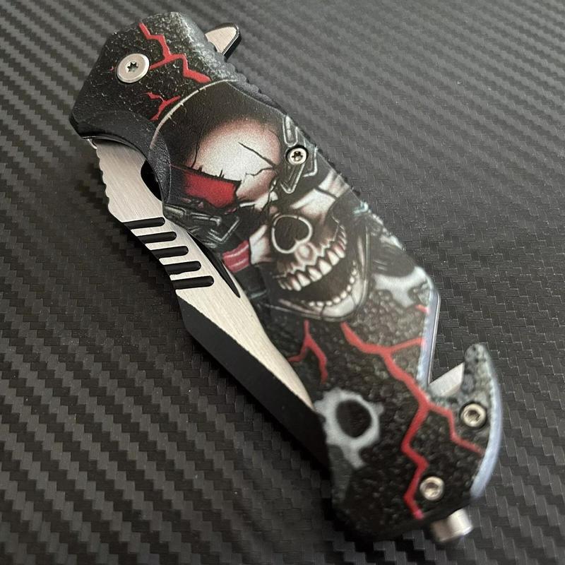 Skull Magic Belt Clip Folding  -lightweight EDC  , skull and lightning design, left and right hand universal lock and glass breaker, legal pocket  fold straight  sharp blade men outdoor survival fruit cutting multifunctional portable tactical knife