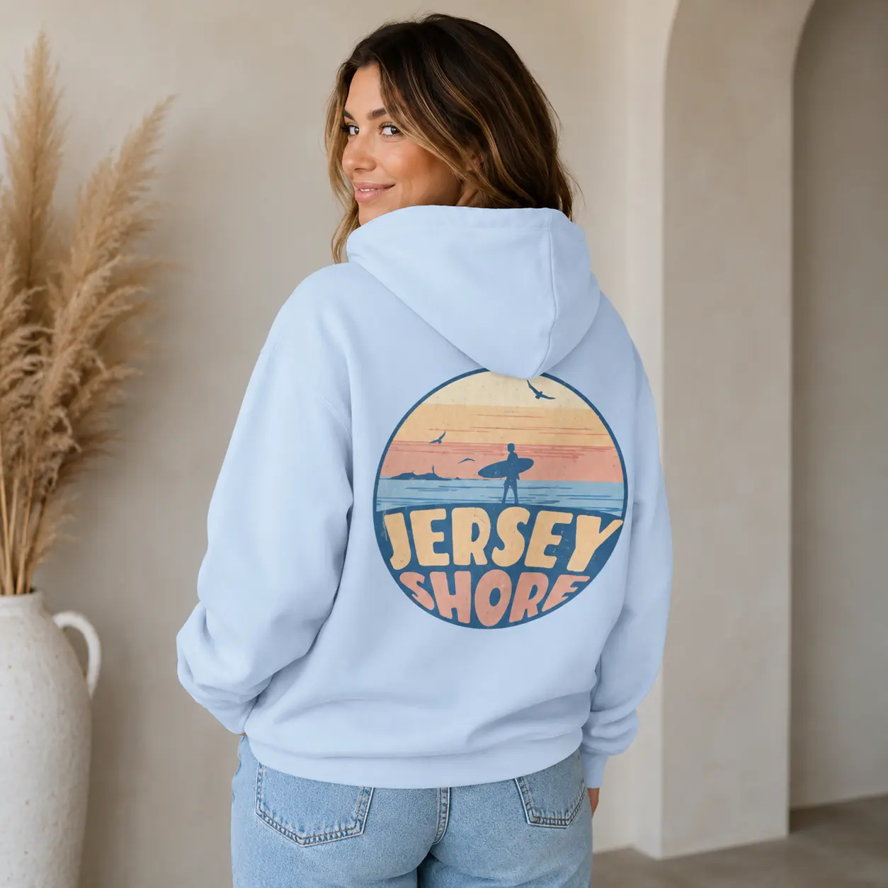 Jersey Shore Surf Hoodie — Vintage Sunset Surfboard Beach Sweatshirt