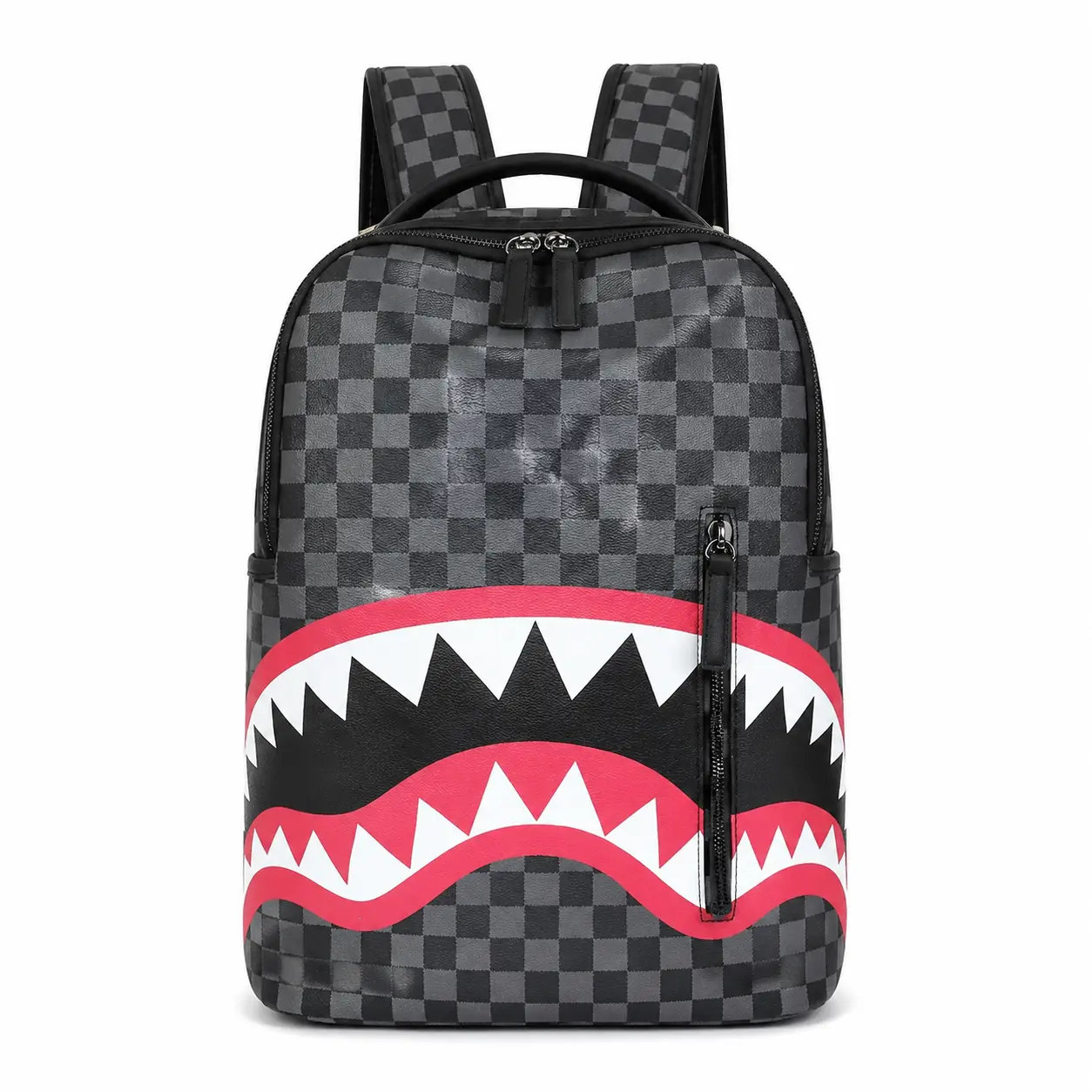 Sprayground Grey Checkerboard Shark Tooth Graphic PU Leather Lightweight Backpack, Sports & Outdoor Rucksack for Teens, Daily Travel Streetwear Accessory
