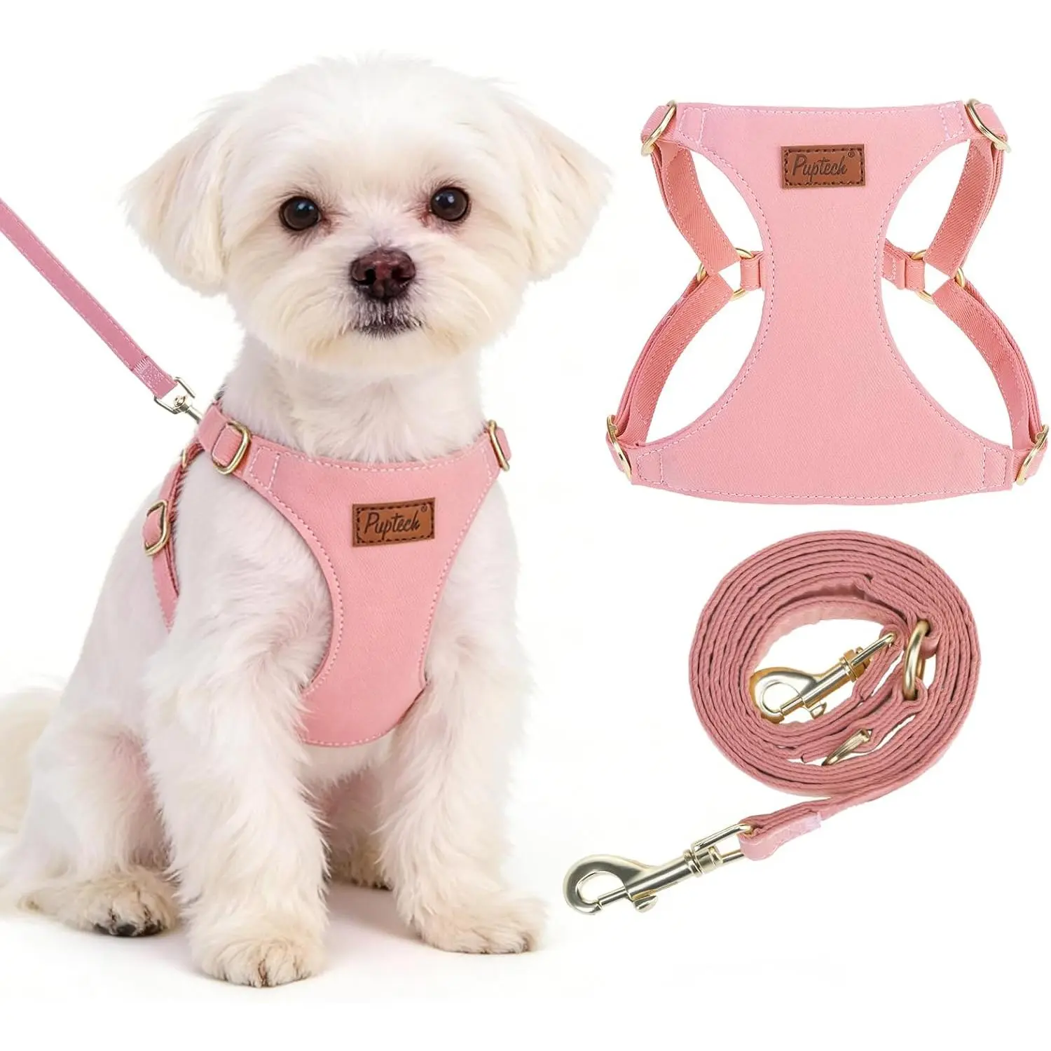 PUPTECK Dog Harness and Leash Set Small Sized, Lightweight Step-in Puppy Harness, Escape Proof No Pull Cute Pet Vest Harnesses, Pink XXS