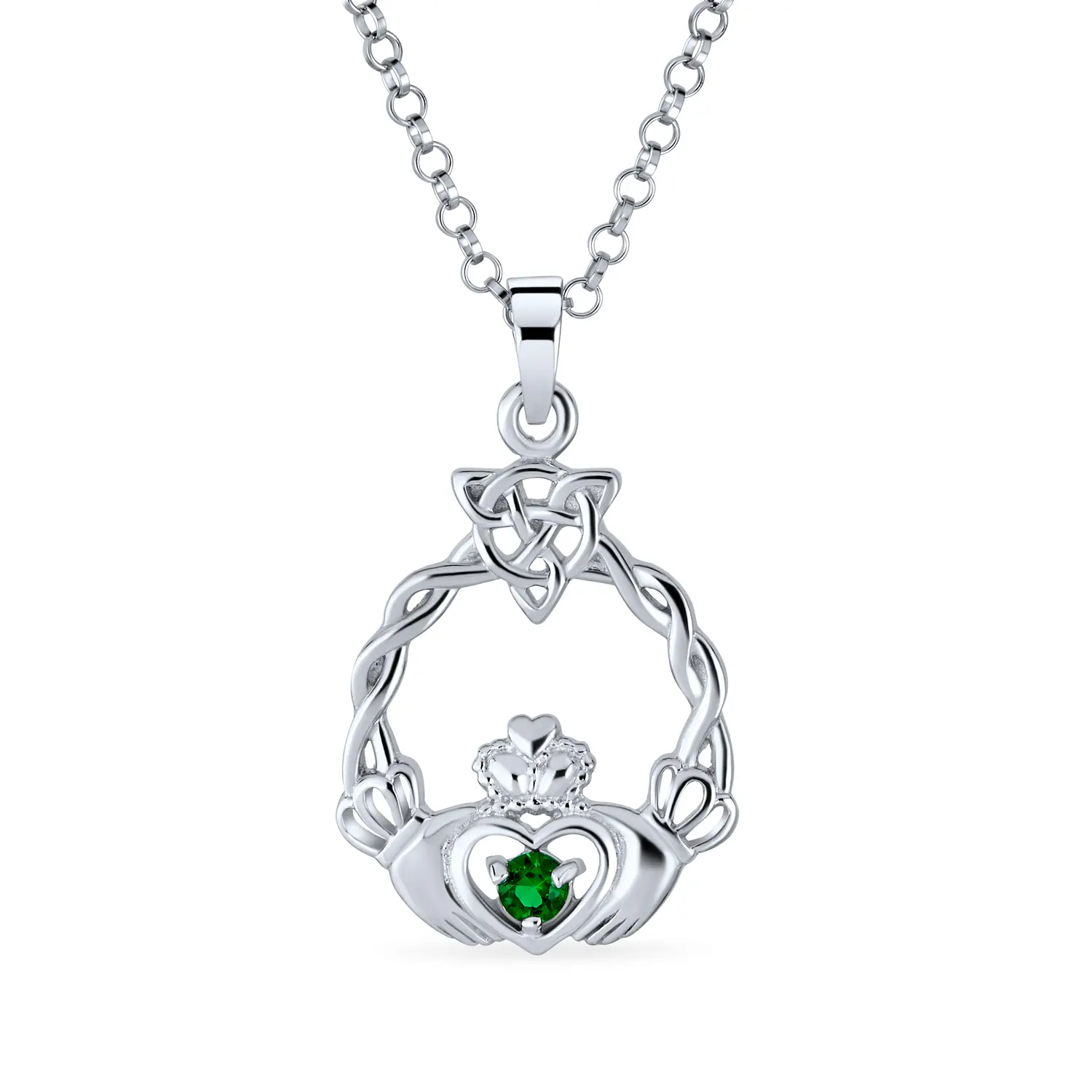 Traditional Irish Kelly Green CZ Celtic Love Knot Claddagh Pendant Necklace