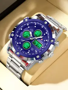 Foxbox Stainless Steel World Time Dual Display Watch, Waterproof Night Glow, Multiple Colors Available, Gift Box Packaging, Perfect Gift