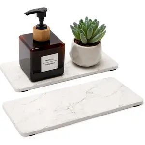 2 Pcs Water Absorbing Stone Drying Trays for Bathroom Sink Kitchen Counter Soap Dish Dispenser Sponge Holder White Ceramic Bathroom Vanity Quick Dry Stone Mat for Kitchen Sink Marble Diatomite Tray