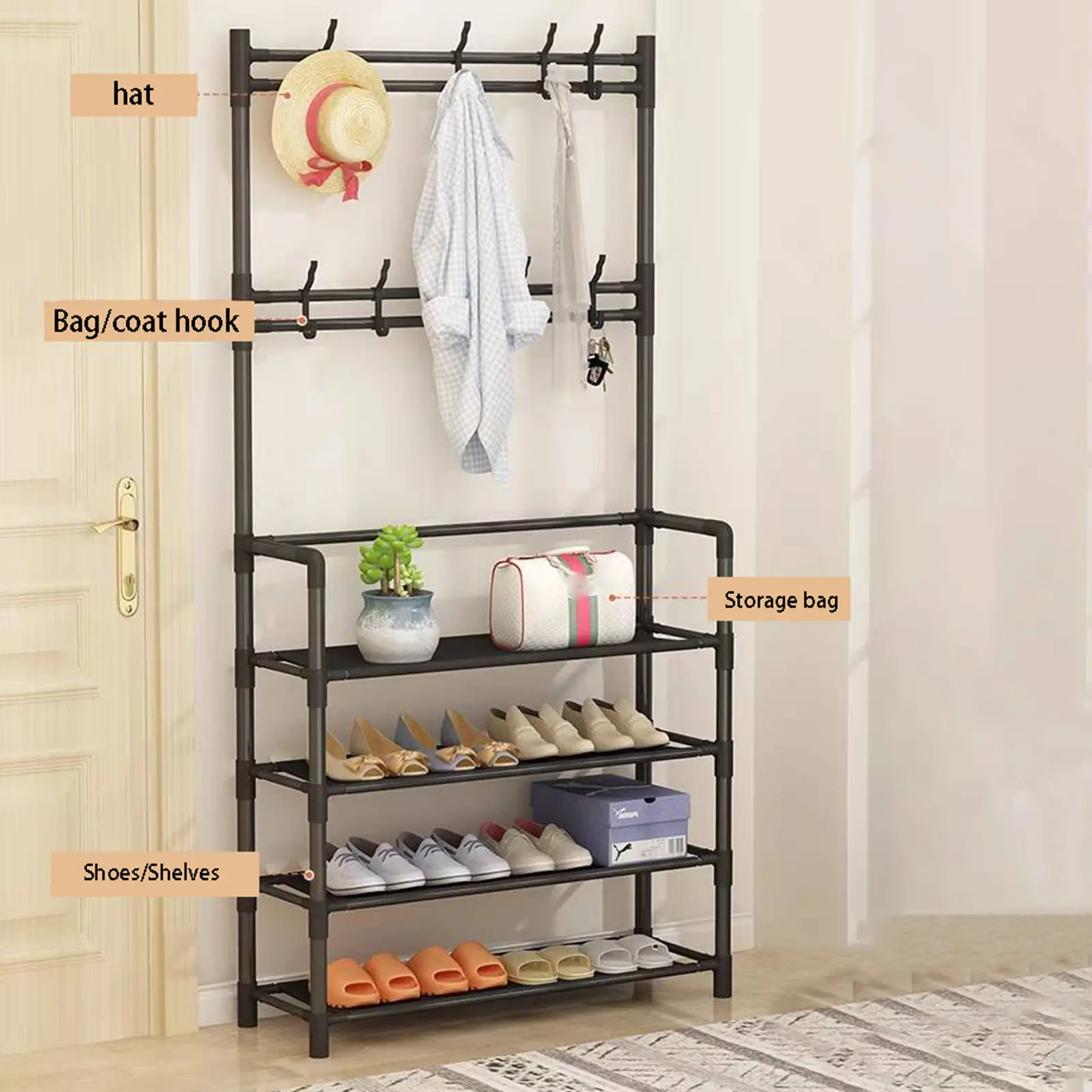 Floor-Standing Shoe Rack with Integrated Clothing Hanger, Coat Rack, Home Storage Organizer, Ideal for Rent-Ready Apartments, Multi-Purpose Display Shelf, Shoe And Coat Rack For Entryway, Multifunctional Rack