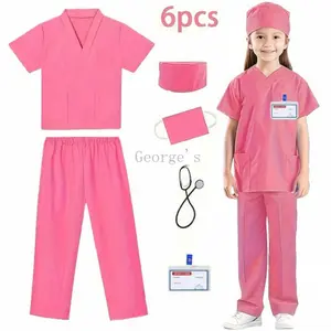 6pcs Girls Doctor Costume Set - Pink Medical Uniform with Stethoscope, Scrubs, Hat, and More - Perfect Role Play and Holiday Dress for Ages 3-10 - Polyester Material for Durability and Comfort