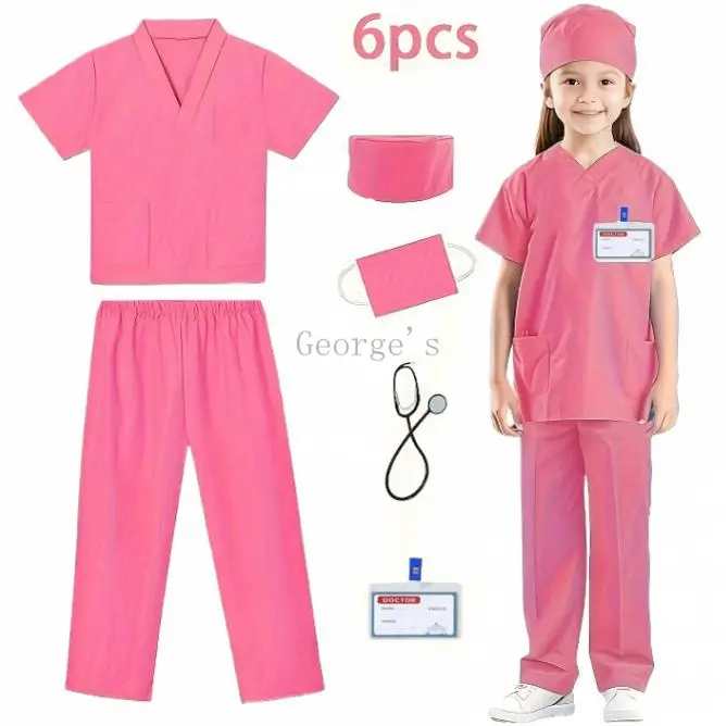 6pcs Girls Doctor Costume Set - Pink Medical Uniform with Stethoscope, Scrubs, Hat, and More - Perfect Role Play and Holiday Dress for Ages 3-10 - Polyester Material for Durability and Comfort