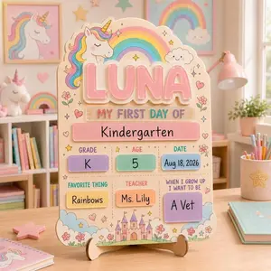 Personalized First Day of School Sign, Preschool Unicorn Rainbow Back to School Board, Custom Name Kindergarten Last Day School Keepsake School Sign