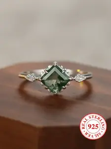 S925 Sterling Silver Natural Seaweed Agate Decorated Ring, Elegant Square Shaped Statement Ring for Women, Trendy All-match & Exquisite Jewelry for Birthday Gift