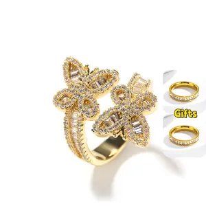 [LeBijouLab] Dazzling Butterfly Ring Adjustable Size Golden & Silvery Color Trendy Daily Jewelry for Women Gift for Her | Buy 1 Count Ring Get 2 Eternity Ring Bands