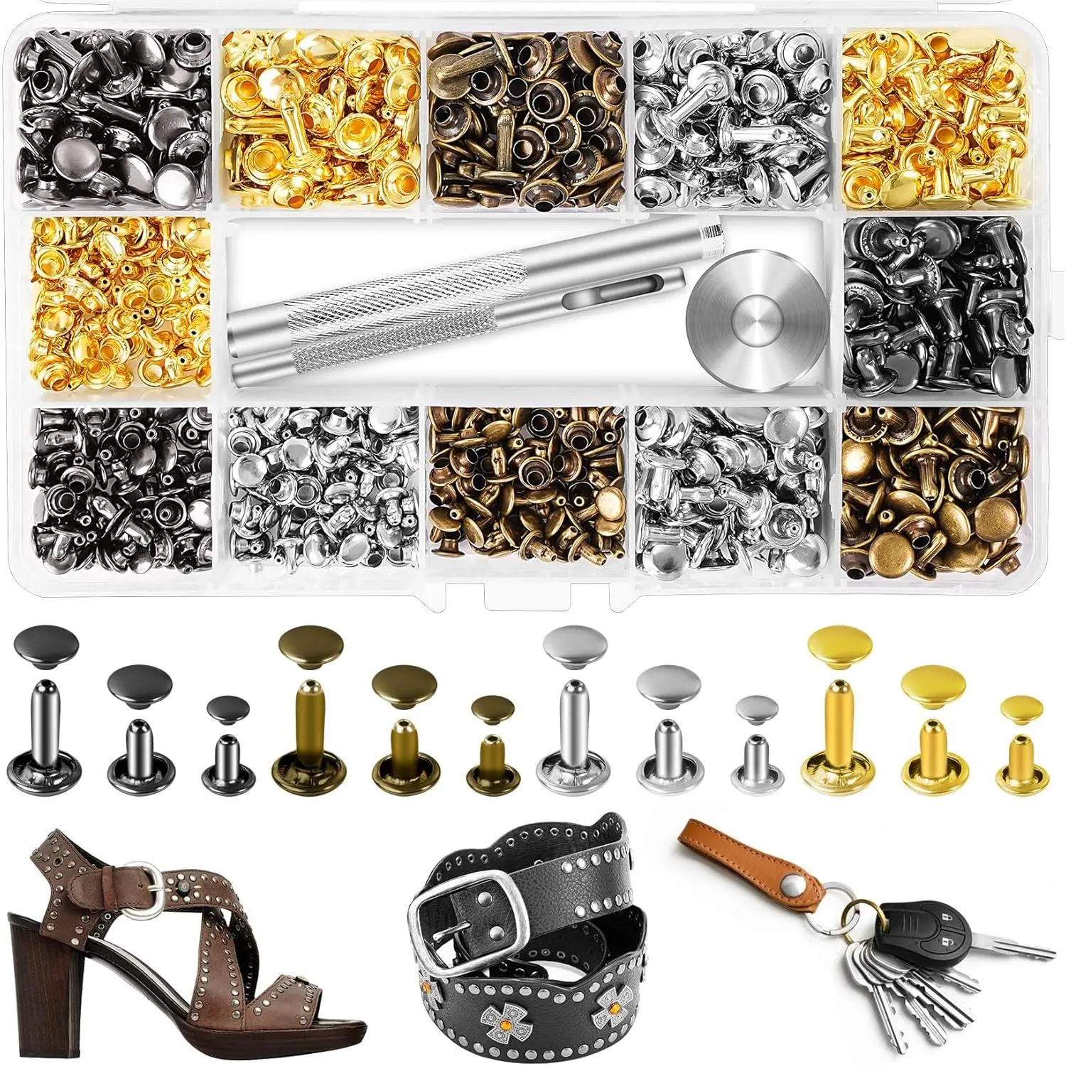 420 Sets Leather Rivets, Rivets for Leather Crafting, 4 Colors and 3 Sizes Leather Rivet Kit with 3 count Leather Tools, Rivets for Fabric, Remaches para Cuero, Double Cap Brass Rivets for Decoration